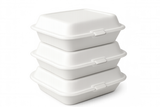 Three closed white styrofoam takeaway food containers are stacked on a transparent background, ready for delivery or transport