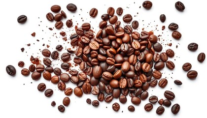 Naklejka premium Dark roasted coffee beans splashed on white background, creating dynamic spray, marketing, coffee lover