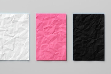 Obraz premium Crumpled textured paper sheet mockup white pink black color background wrinkled folded rough surface stationery design template creative material craft texture abstract poster blank page paperboard la