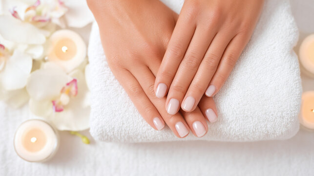 A serene image of elegantly manicured hands resting on a soft towel, surrounded by candles and delicate orchids, evoking a sense of relaxation and beauty.