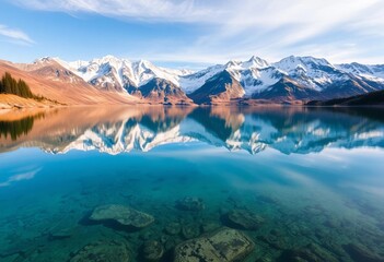 Crystal clear lake reflecting snow-capped Sierra Nevada peaks,  summer,  picture