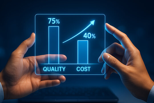 Hands holding transparent digital tablet with business bar chart analytics. Quality versus cost comparison graph, KPI performance metrics, data driven strategy, financial optimization, modern technolo