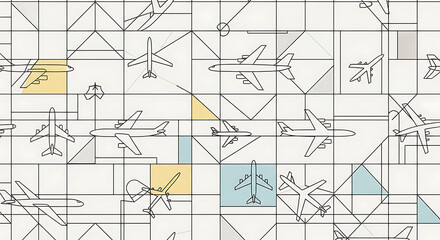 Discover a modern geometric pattern featuring diverse airplanes in a clean, stylish design, perfect for aviation themes and travel inspiration.