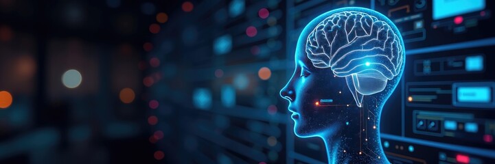 Profile view of a digital human head with a brain graphic overlay.