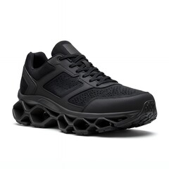 Detailed View of Black Sports Sneaker with Heavy Geometric Outsole Pattern and Reinforced Synthetic Overlays for Cross-Training