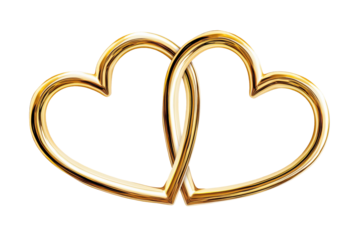 Golden Two Heart Shape Linked Rings Isolated on White and Png Transparent Background