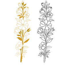 Elegant Floral Border Illustration, Detailed Hand-Drawn Botanical Garland, Black and White Vector Art of Blooming Flowers and Buds, Decorative Graphic for Wedding Invites and Stationery.