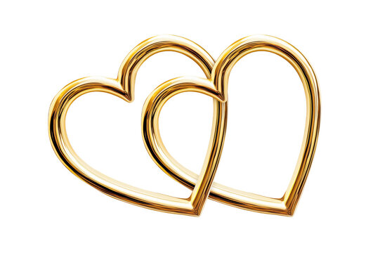 Golden Two Heart Shape Linked Rings Isolated on White and Png Transparent Background