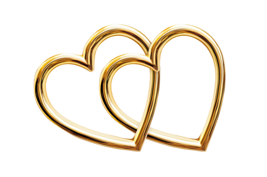 Golden Two Heart Shape Linked Rings Isolated on White and Png Transparent Background