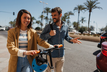 Students on the street with e scooter
