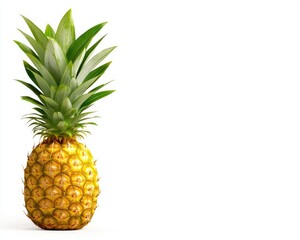 Bright pineapple with green crown leaves isolated against a stark white background