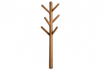 Vertical wooden coat rack featuring multiple hooks, displaying minimalist storage solution against clean transparent background