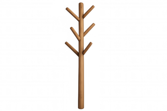 Vertical wooden coat rack featuring multiple hooks, displaying minimalist storage solution against clean transparent background