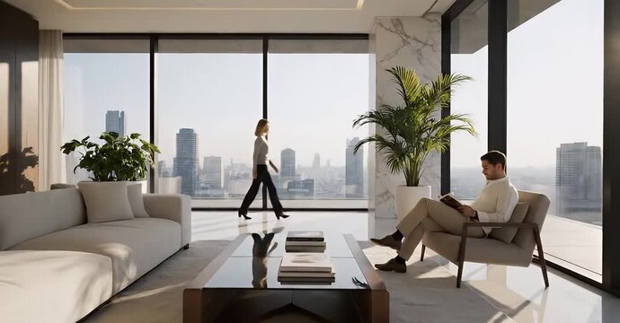Modern apartment interior with a couple enjoying the city view.