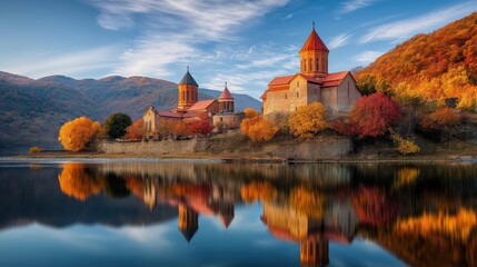 Fototapeta premium Autumn tranquility embracing an ancient monastery mirrored in a golden lake.