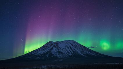 Colorful aurora lights over mountain landscape.
