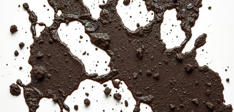 Close-up of a dark, uneven wet mud stain on a pristine white surface, showing texture and consistency,  track,  rustic
