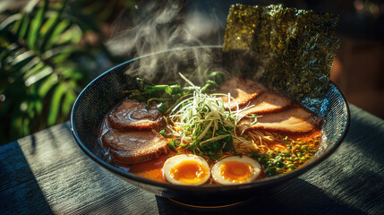 Steaming Tonkotsu Ramen With Chashu Soft Egg Noodles Scallions And Nori In Rich Broth Japanese Soup Closeup

