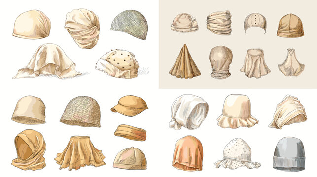 Illustration set of women’s headcovers, caps, and modest fashion accessories in soft tones. Hand-drawn sketches for hijab undercaps and headwear design elements.