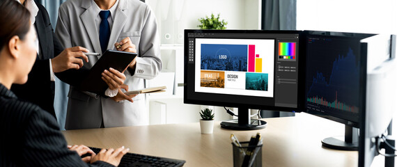 Graphic designer software for modern design of web page and commercial brisk ads showing on the...