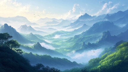 Fototapeta premium A serene landscape of rolling hills with misty valleys, peaceful and picturesque 