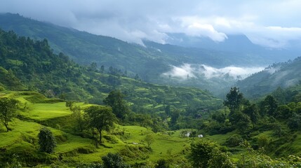 Fototapeta premium A serene landscape of rolling hills with misty valleys, peaceful and picturesque 