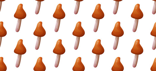 Pattern on a white background with elongated mushrooms. Seamless autumn-themed design with brown-capped mushrooms.