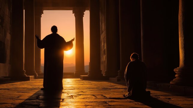 The parable of the Pharisee and the tax collector, illustrating the contrast between pride and humble repentance.