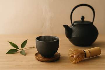 Traditional Japanese tea ceremony setting with black cast iron teapot, steaming matcha green tea in ceramic cup, bamboo whisk, wooden table, leaf decoration, calming minimal zen atmosphere for mindful