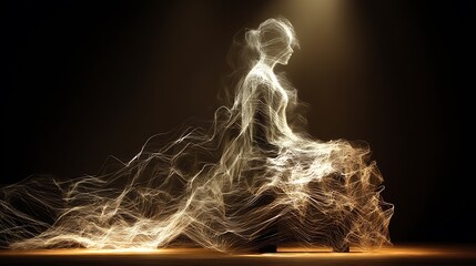 wide conceptual sculpture woven from threads of light and mist, glowing fabric strands forming divine statue, airy and translucent elegance, luminous textile abstract 