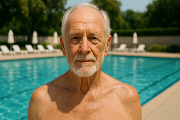 Confident senior man standing shirtless by outdoor swimming pool, healthy active lifestyle, retirement leisure, summer vacation, wellness, aquatic fitness, sunlit water background, aging gracefully, h