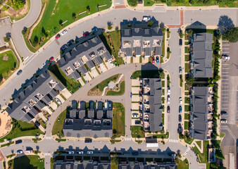 Sunny, Daytime Top Down Drone Images of an American Townhouse Neighborhood
