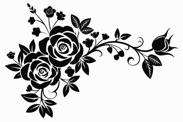 Elegant Black Rose and Floral Branch Graphic Art, Vector Illustration, Isolated Shape