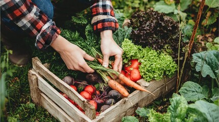 Hands of a gardener picking fresh vegetables from a wooden crate filled with colorful produce, showcasing the beauty of organic gardening and sustainable living