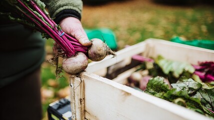 Close-up of hands holding freshly harvested beetroots with vibrant purple tops, showcasing organic farming and the connection to nature in a rustic outdoor setting