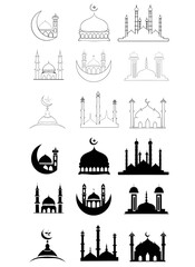 Extensive set of mosque illustrations in various styles, including line art outlines and solid black silhouettes, showcasing diverse architectural designs and crescent moon symbols.