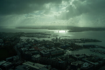 Dramatic Aerial View of Cityscape and Harbor