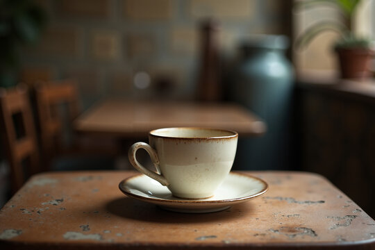 Vintage coffee cup and saucer on rustic table in cozy cafe - Powered by Adobe