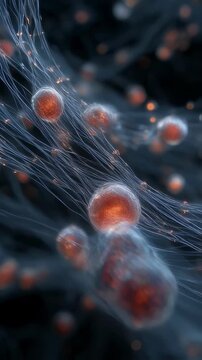 3D visualization of cellular hypoxia showing oxygen sensors dipping as mitochondrial activity fades amidst dim cell matrix.