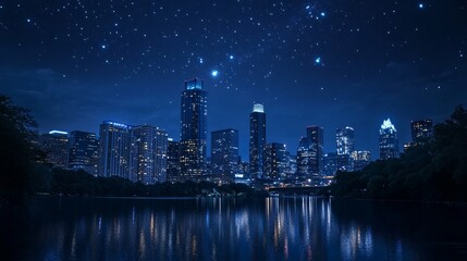 A glowing city skyline at night with twinkling lights and a starry sky, magical and beautiful 