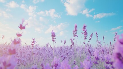 Naklejka premium A tranquil lavender field under a soft blue sky, calm and aromatic 