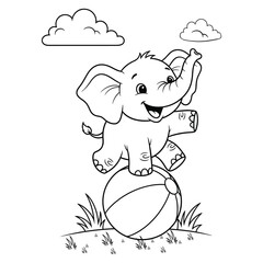 Adorable elephant line art playing on ball perfect for children activity books and educational art projects