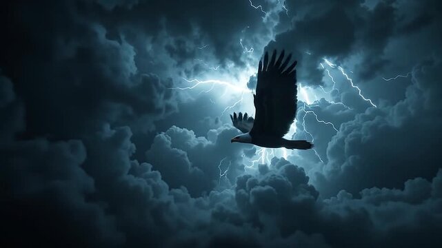 Dark storm clouds part to reveal a break in the sky as a lone eagle soars powerfully through the turbulence with lightning flashing in the background