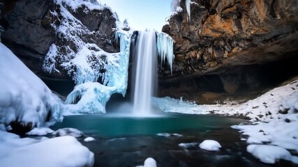 A cascading waterfall plunges into a serene pool, surrounded by snowy cliffs, ice formations, and evergreen trees. The sky is a vibrant blue - Powered by Adobe