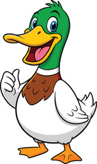 Cartoon Duck Giving Thumbs Up—Green Head, Yellow Beak, Brown Chest, and Orange Feet for Fun Animal and Kids Themes