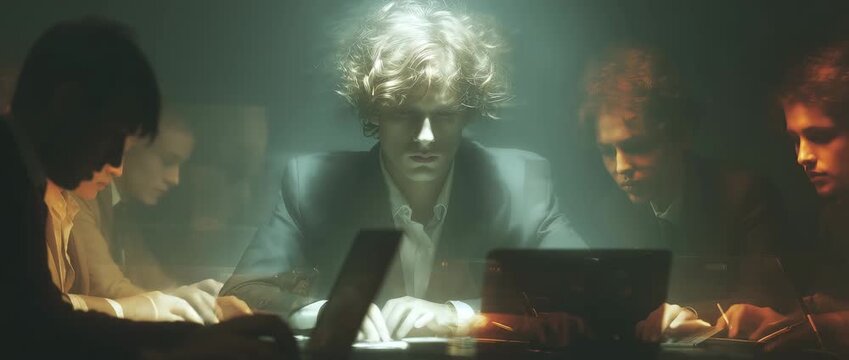 Cinematic moody group videocall &mdash; slow inward dolly on a spotlighted participant with ghosted collaborators typing around a dim table