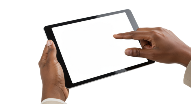 Two medium skin tone hands in neutral professional attire gently touching a blank white screen of a sleek black digital tablet on a transparent studio background, concept of modern digital