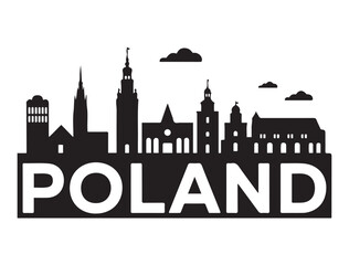 Obraz premium Vector Poland skyline. Travel Poland famous landmarks. Business and tourism concept for presentation, banner, web site. Vector black silhouette. with white background