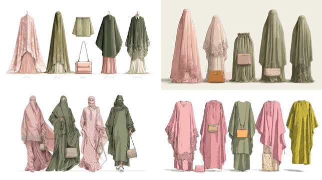 Illustration set of abaya and jilbab outfits with matching handbags in elegant colors. Modern Islamic fashion sketches for modest clothing design concepts.
