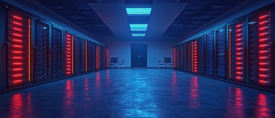 Cyberpunk Server Room: Neon Lights Illuminate a Futuristic Data Center